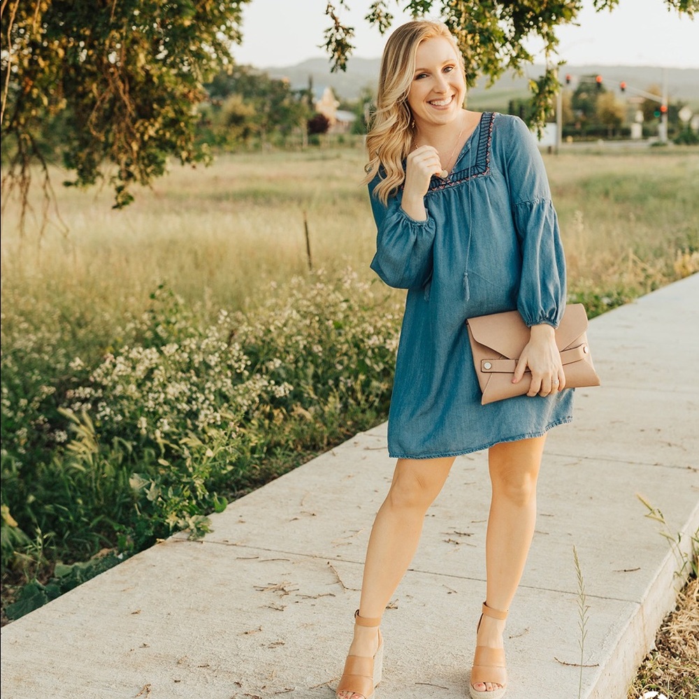 Chambray Dress with Embroidered neckline